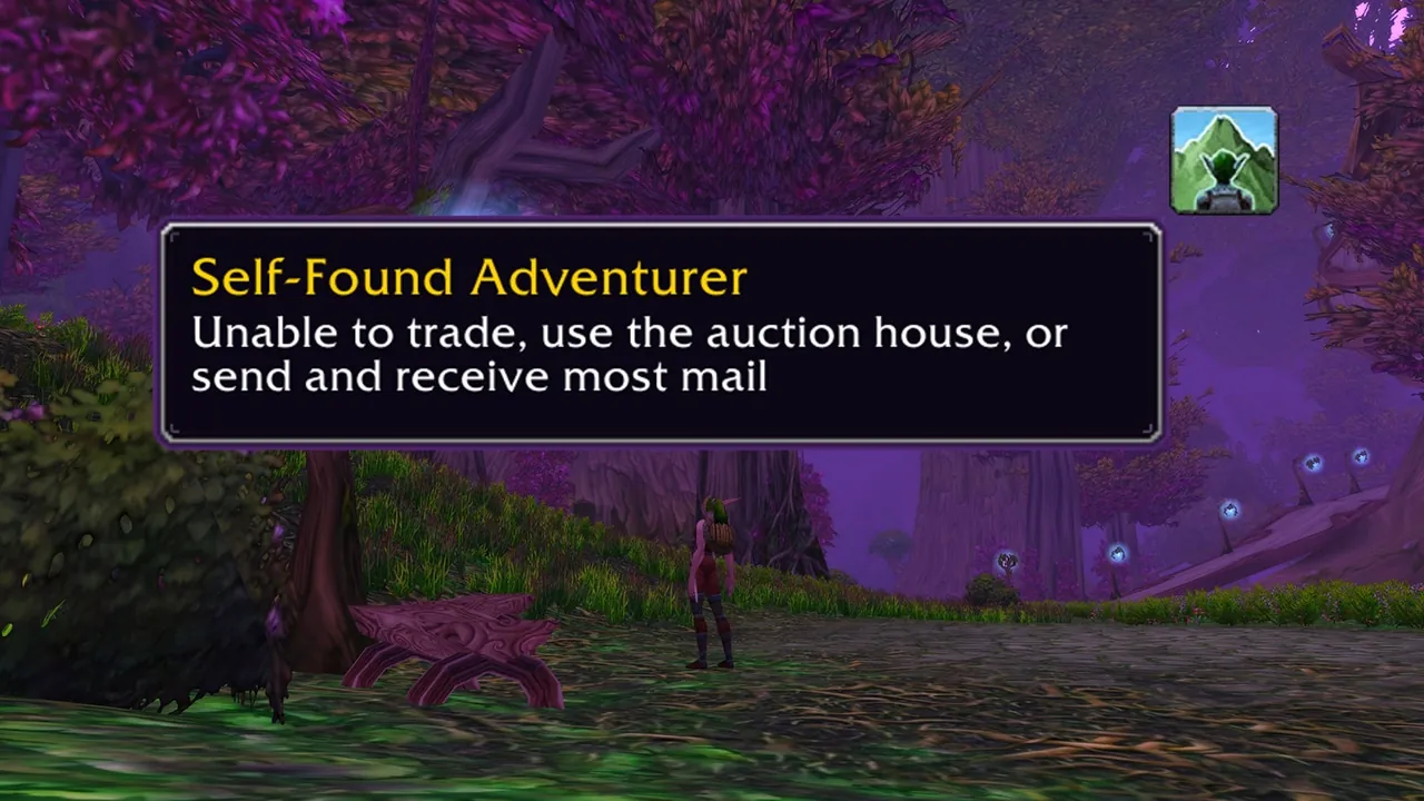 The Self-Found Adventurer buff: unable to trade, use the auction house, or send and receive most mail