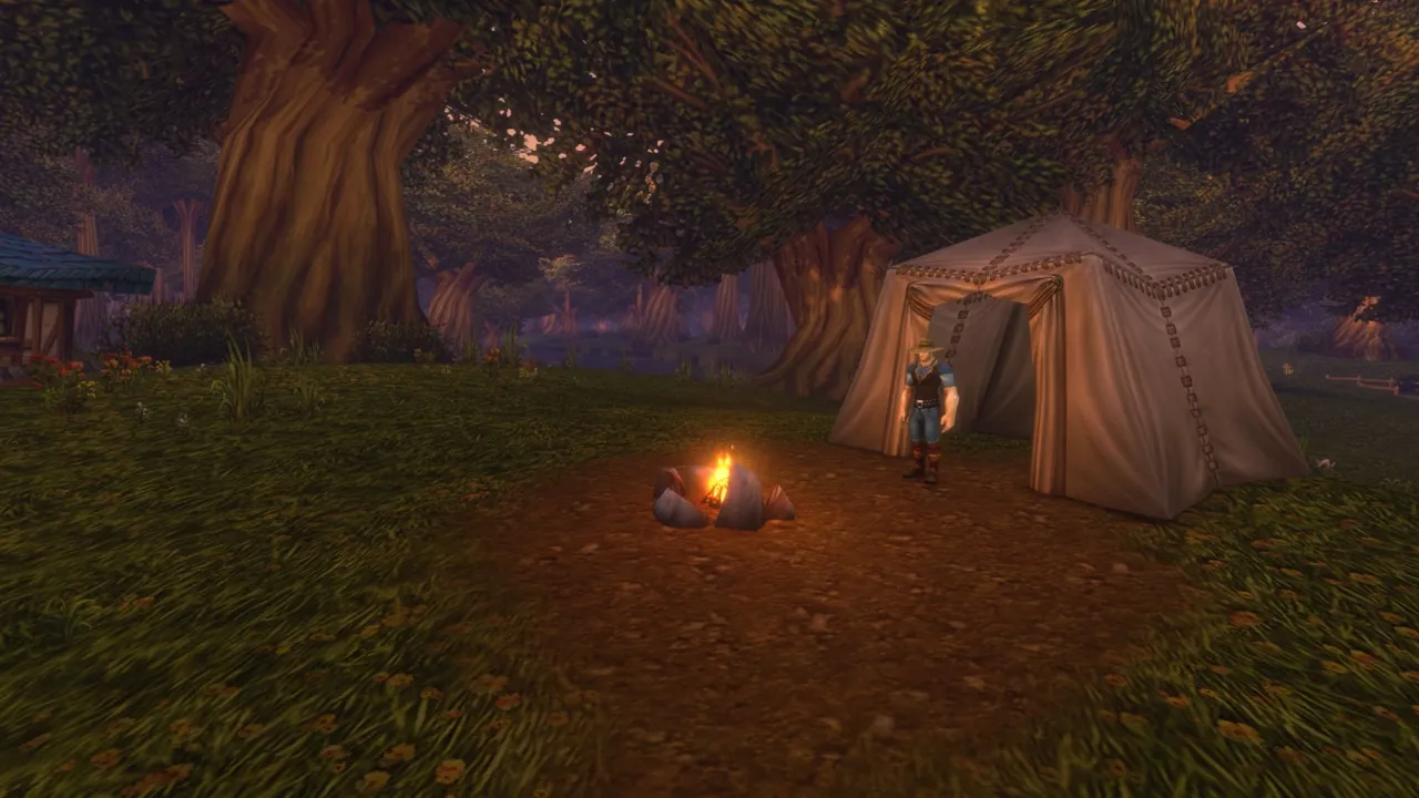 A camp with a tent and a campfire in a forest in WoW Forever