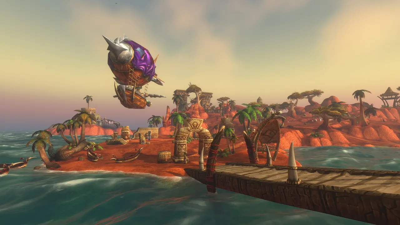 A goblin zeppelin over a red-rock island with palm trees and a pier, from Blizzard’s Darkspear Islands preview