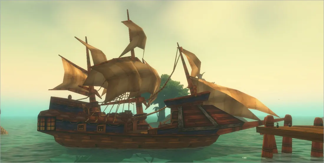 A sailing ship moored at a wooden pier in WoW Forever