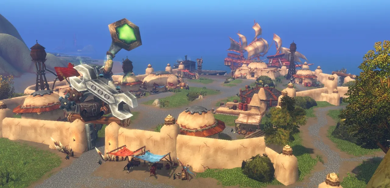 Powderfuse Port, a goblin harbor town with a giant wrench sign, in the Riverglades in WoW Forever