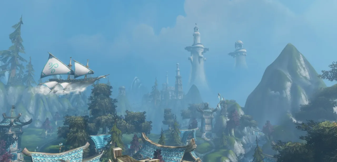 An airship sailing past white towers and mountains on Zephras Isle in WoW Forever