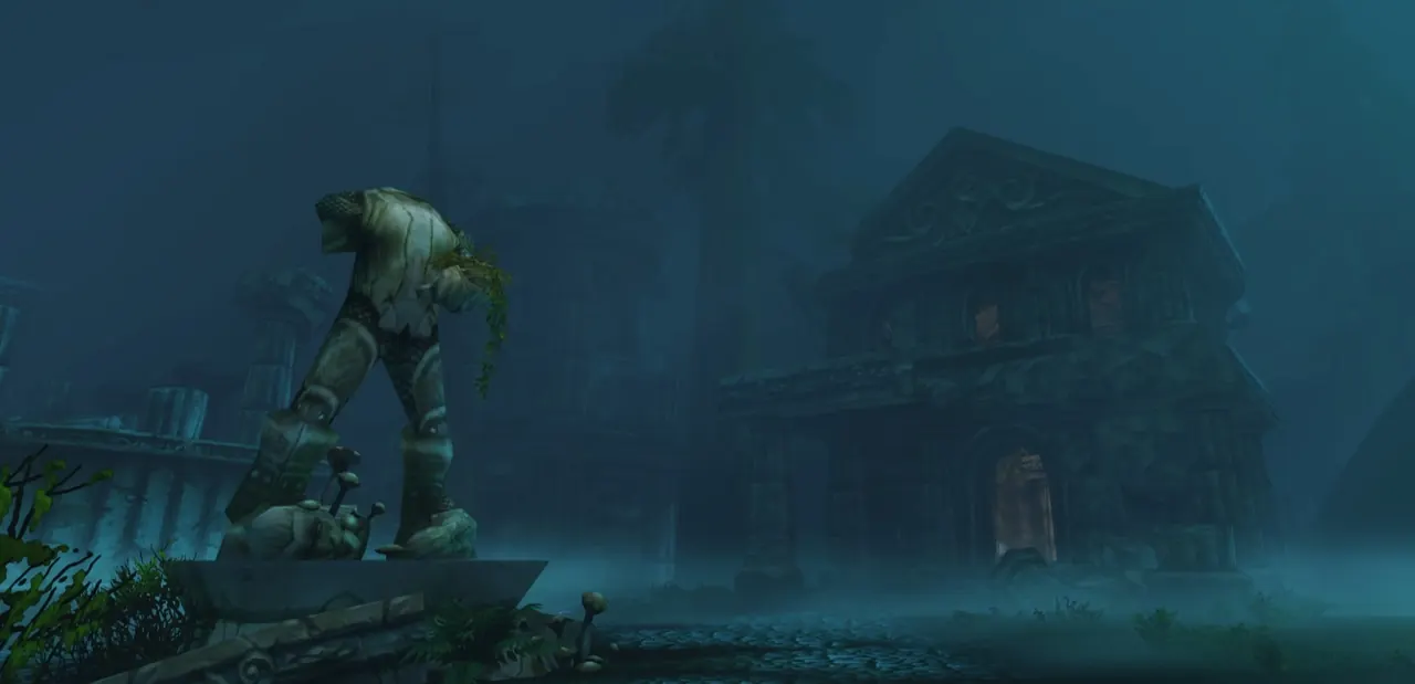 A dark, ruined corner of Zephras Isle with a damaged statue and building