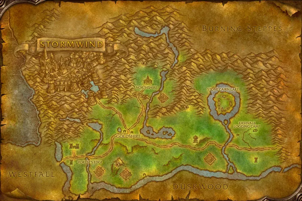 Map of Elwynn Forest in WoW Forever with every quest hub numbered in route order