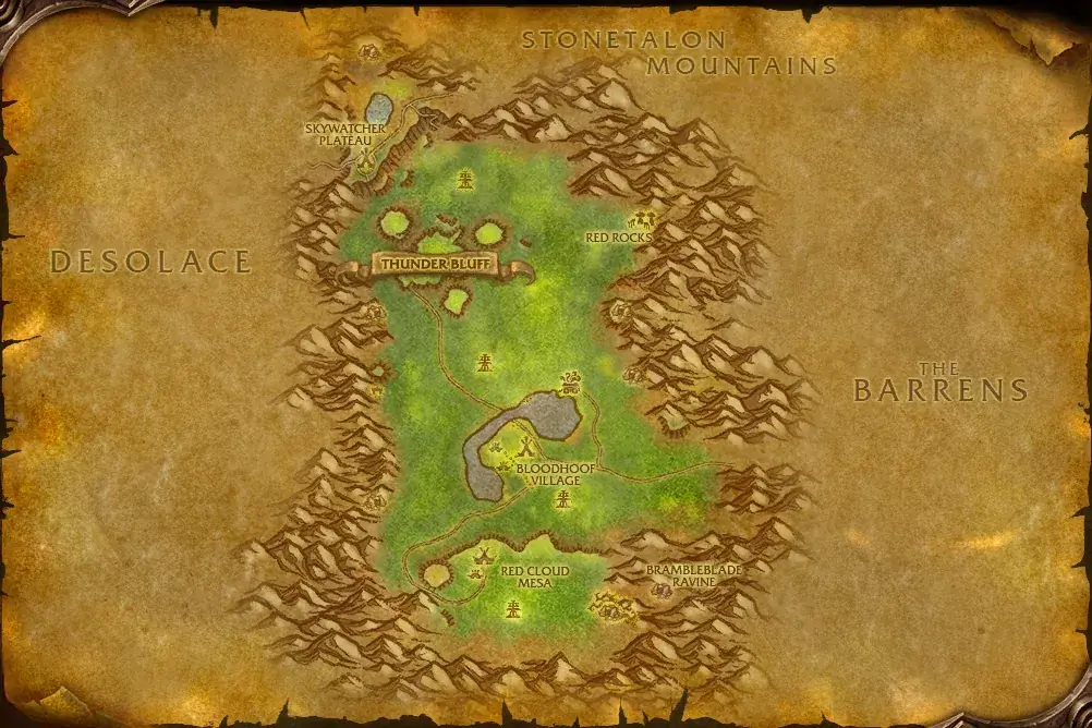 Map of Mulgore in WoW Forever with every quest hub numbered in route order