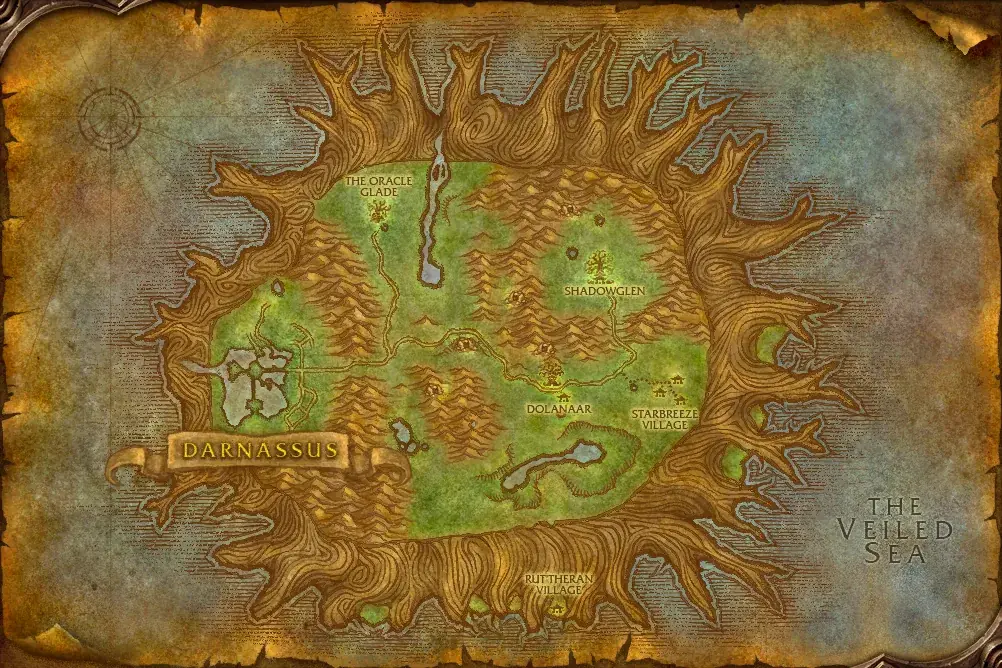 Map of Teldrassil in WoW Forever with every quest hub numbered in route order