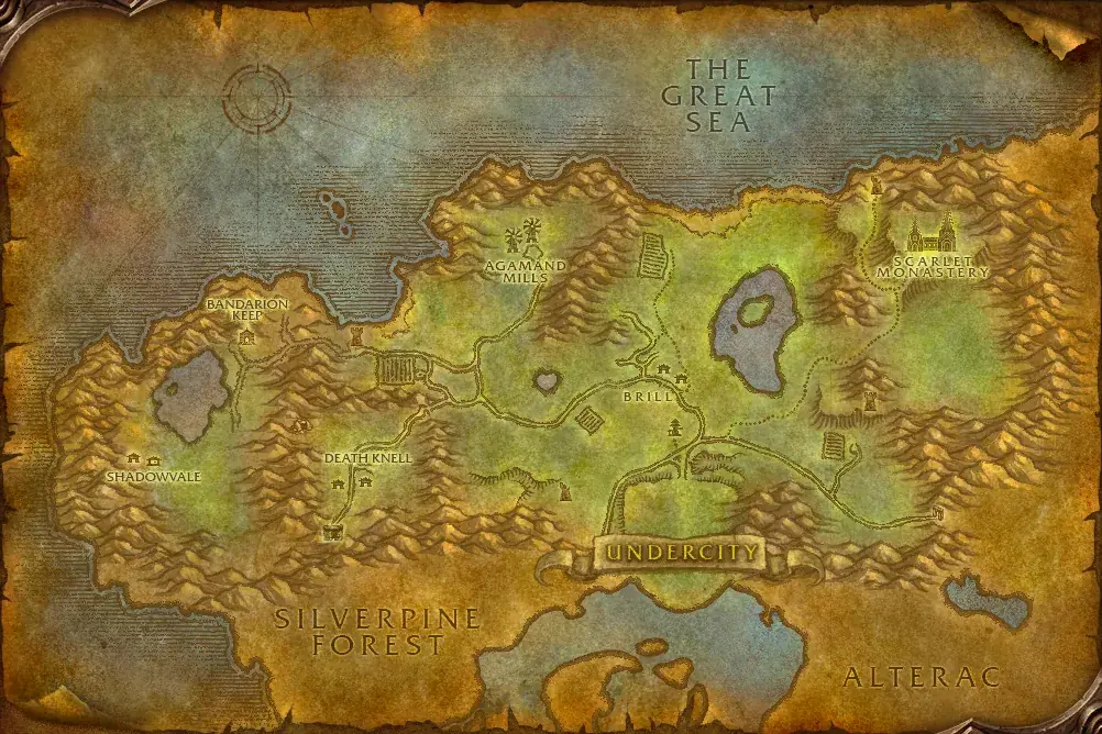 Map of Tirisfal Glades in WoW Forever with every quest hub numbered in route order