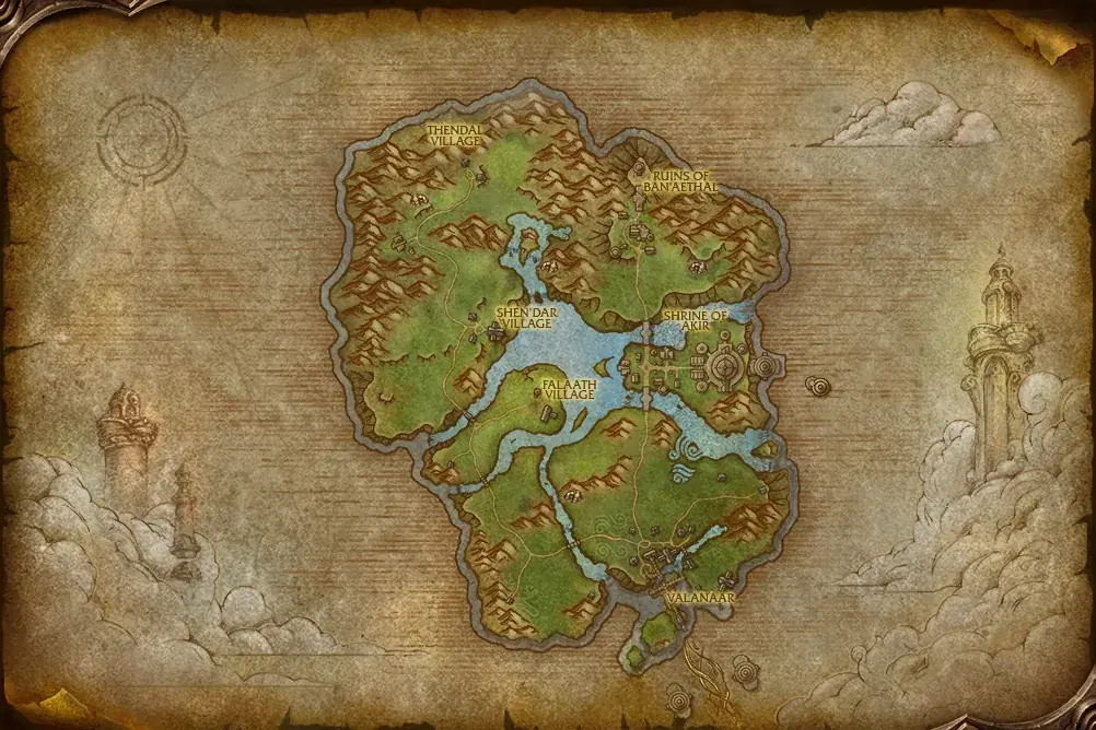 Map of Zephras Isle in WoW Forever with every quest hub numbered in route order