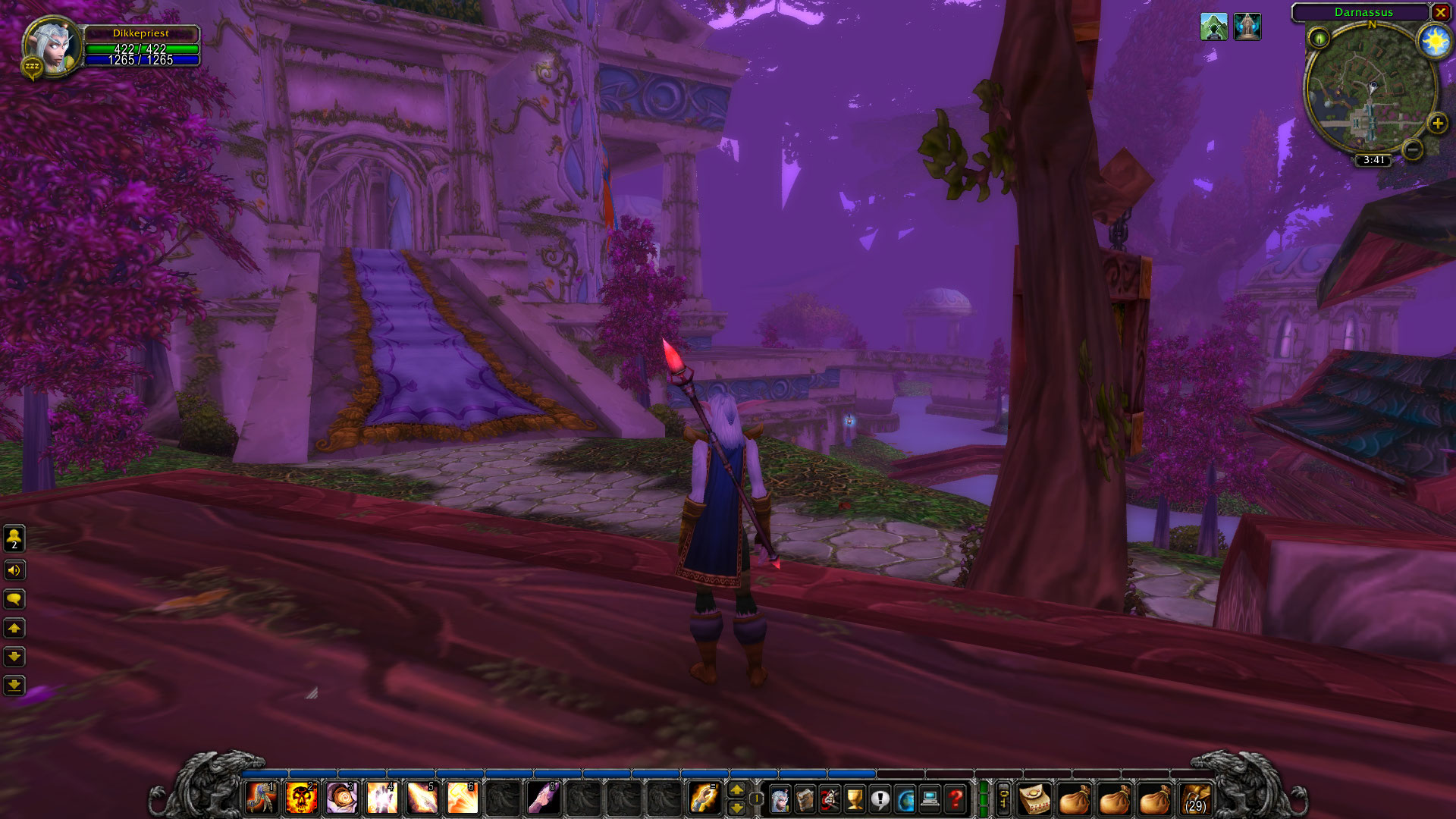 A character standing in Darnassus, the Night Elf capital city in WoW Classic